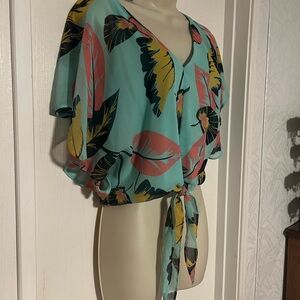 Express Blue and Green Tie-Front Short Sleeve Blouse